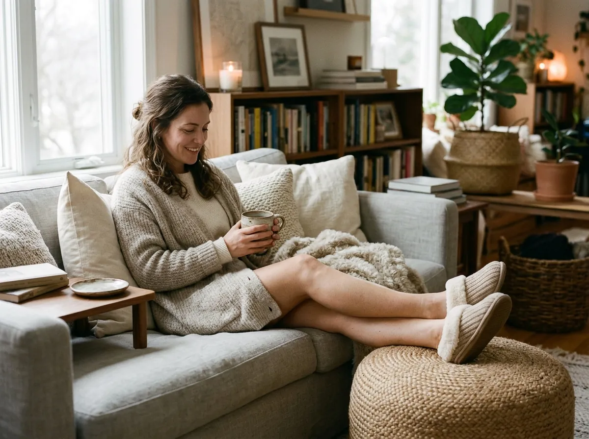 Relaxing on a living room sofa wearing Wattoes cordless heated house slippers