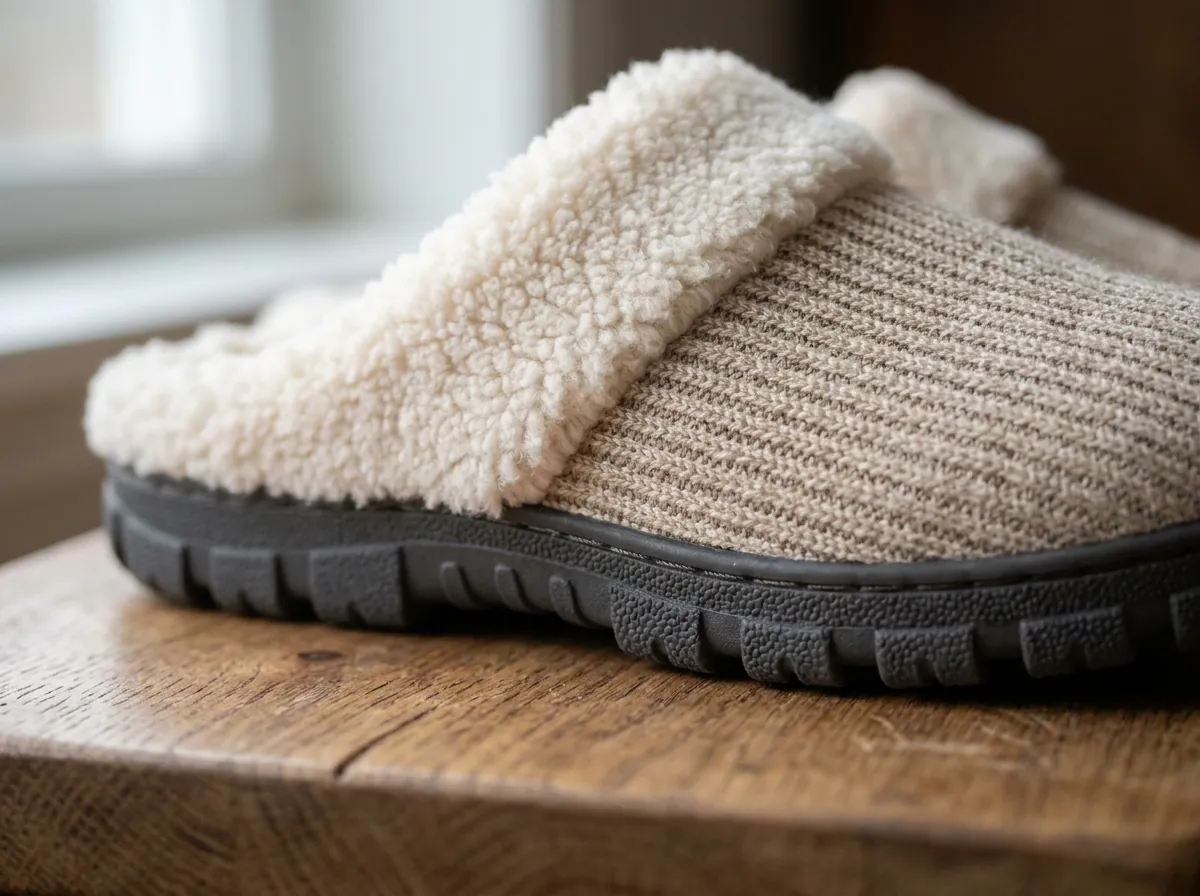 Close-up of Wattoes plush sherpa fleece lining, ribbed knit upper, and textured sole