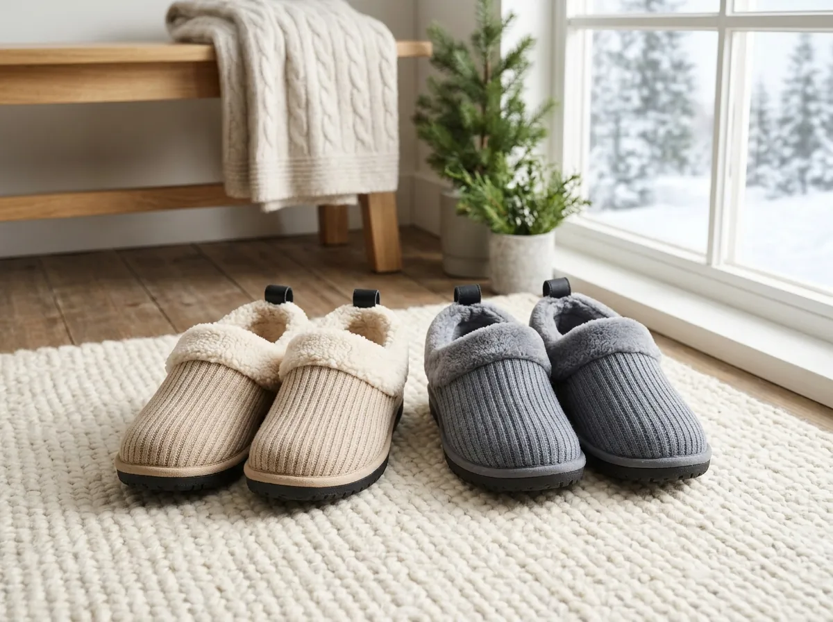 Beige and Grey pairs of Wattoes Cordless Heated Slippers side by side